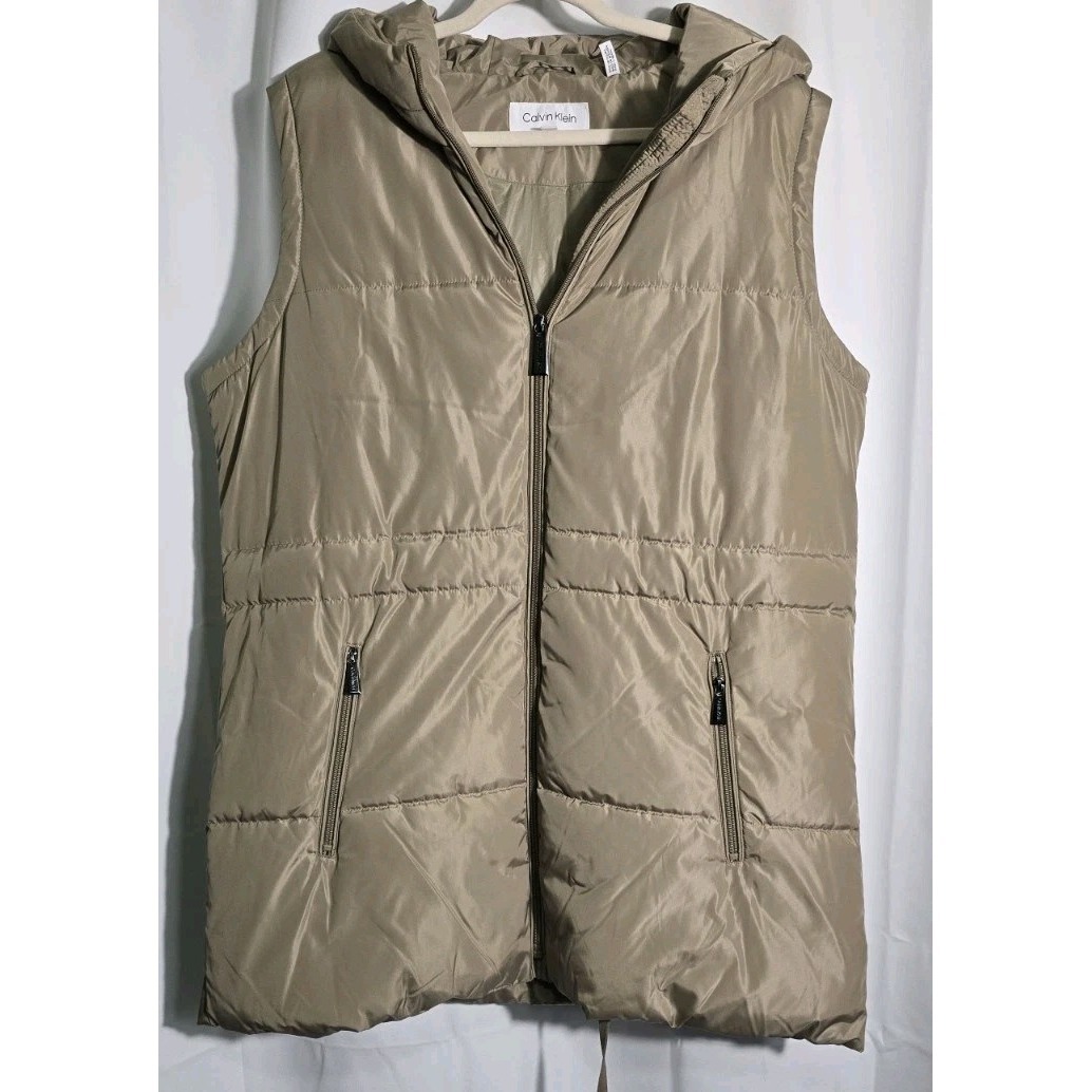 Calvin Klein Womens Xl Tan Hooded Puffer Vest Sleeveless Jacket Nwot